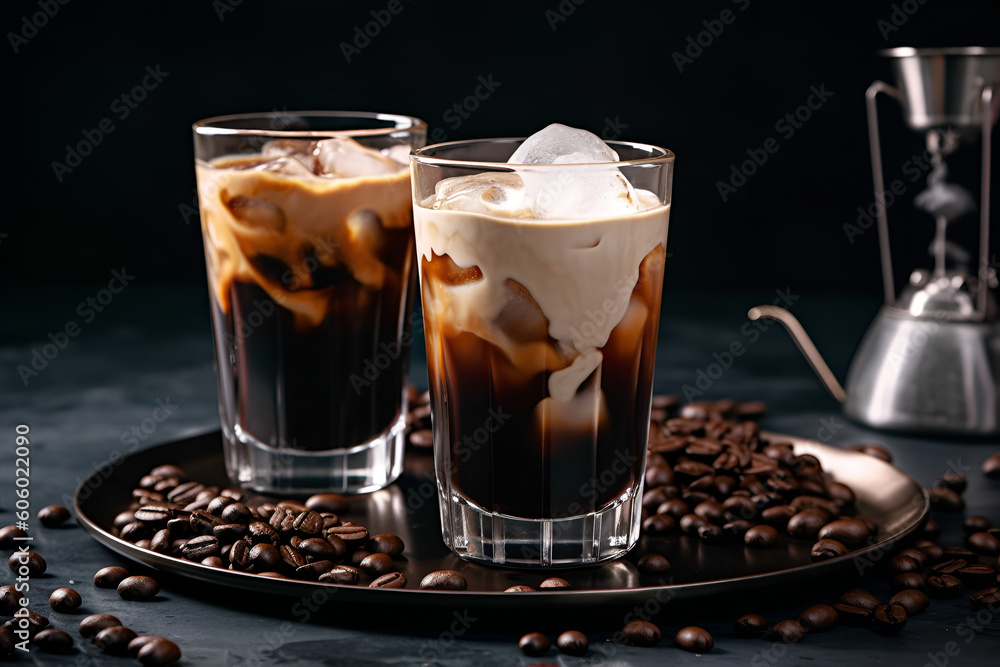 summer drink cocktail Milk turns into iced coffee on a dark table cold coffee with milk on a dark background horizontal illustration generative ai summer drink cocktail Milk turns into iced coffee on a dark table cold coffee with milk on a dark background horizontal illustration generative ai