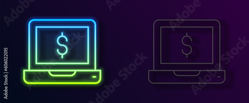 Glowing neon line Laptop with dollar icon isolated on black background. Sending money around the world, money transfer, online banking, financial transaction. Vector
