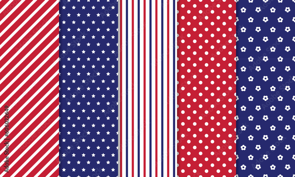 Seamless Geometric Patterns Set In Red Blue American Usa Flag Color Seamless Geometric Patterns Set In Red Blue American Usa Flag Color