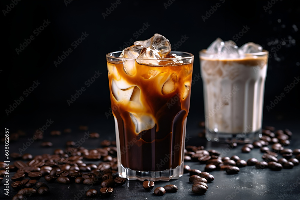 summer drink cocktail Milk turns into iced coffee on a dark table cold coffee with milk on a dark background horizontal illustration generative ai summer drink cocktail Milk turns into iced coffee on a dark table cold coffee with milk on a dark background horizontal illustration generative ai