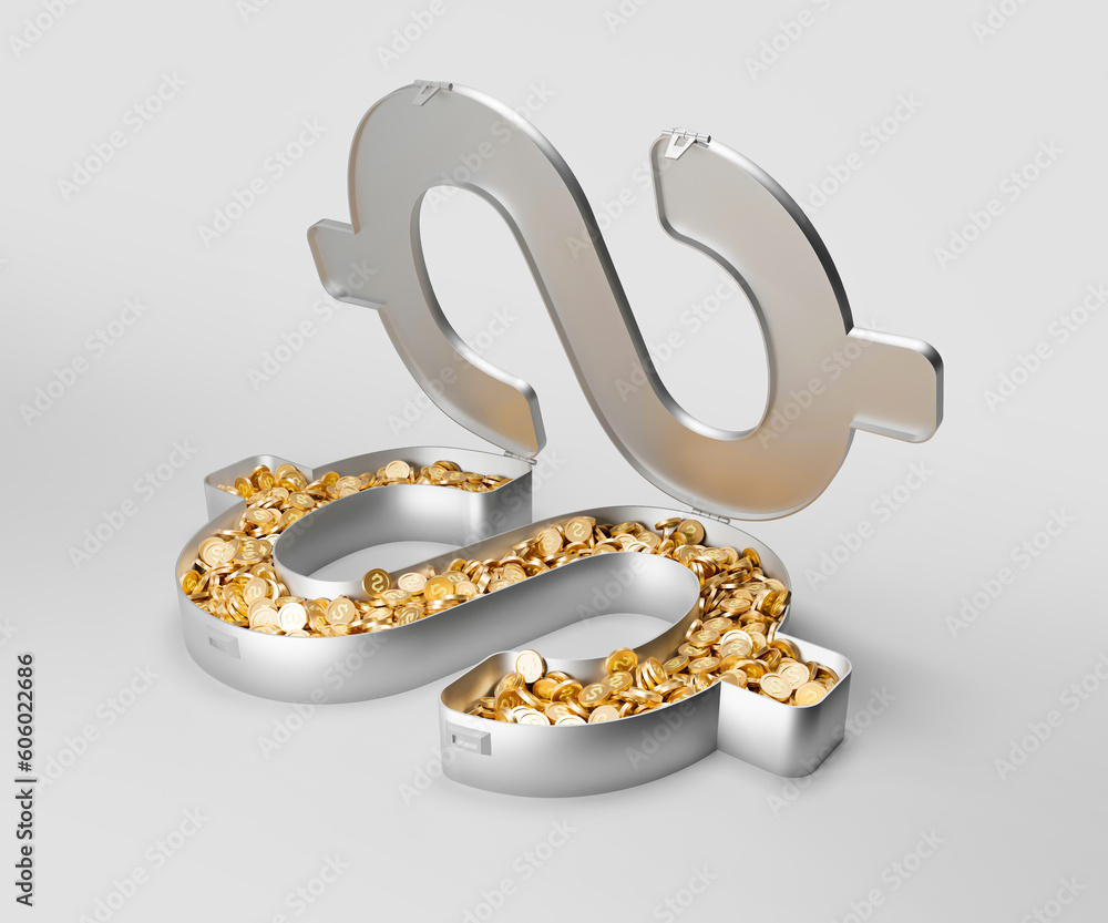 3D render. In the shape of a dollar suitcase on a white background. The suitcase box is open. From plush pennies. Isometric. 3D render. In the shape of a dollar suitcase on a white background. The suitcase box is open. From plush pennies. Isometric.