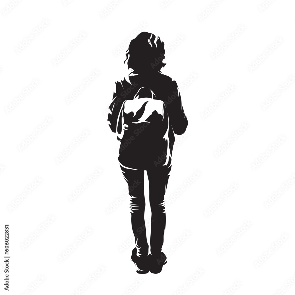 Travel, female traveler with backpack, isolated vector silhouette, rear view. Young woman standing