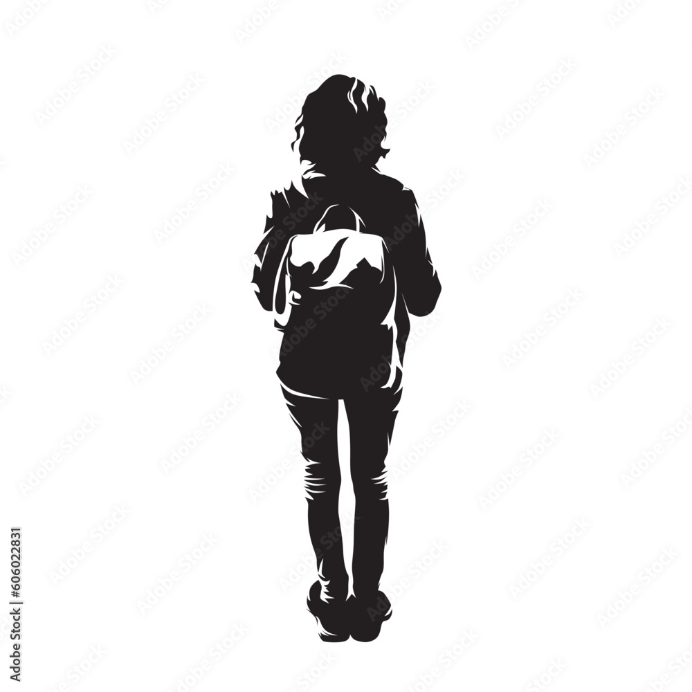 Travel, female traveler with backpack, isolated vector silhouette, rear view. Young woman standing Travel, female traveler with backpack, isolated vector silhouette, rear view. Young woman standing