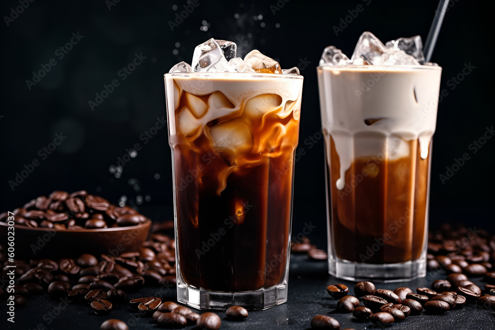 summer drink cocktail Milk turns into iced coffee on a dark table cold coffee with milk on a dark background horizontal illustration generative ai summer drink cocktail Milk turns into iced coffee on a dark table cold coffee with milk on a dark background horizontal illustration generative ai