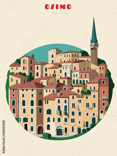Osimo: Beautiful vintage-styled poster of with a city and the name Osimo in Marche