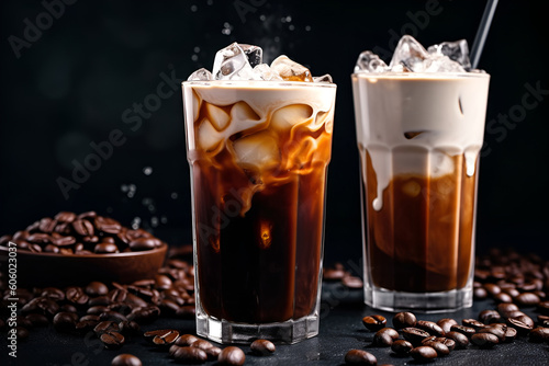 summer drink cocktail Milk turns into iced coffee on a dark table cold coffee with milk on a dark background horizontal illustration generative ai photo