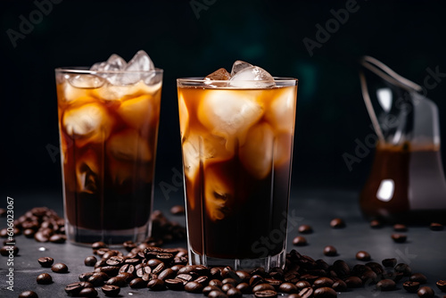summer drink cocktail Milk turns into iced coffee on a dark table cold coffee with milk on a dark background horizontal illustration generative ai