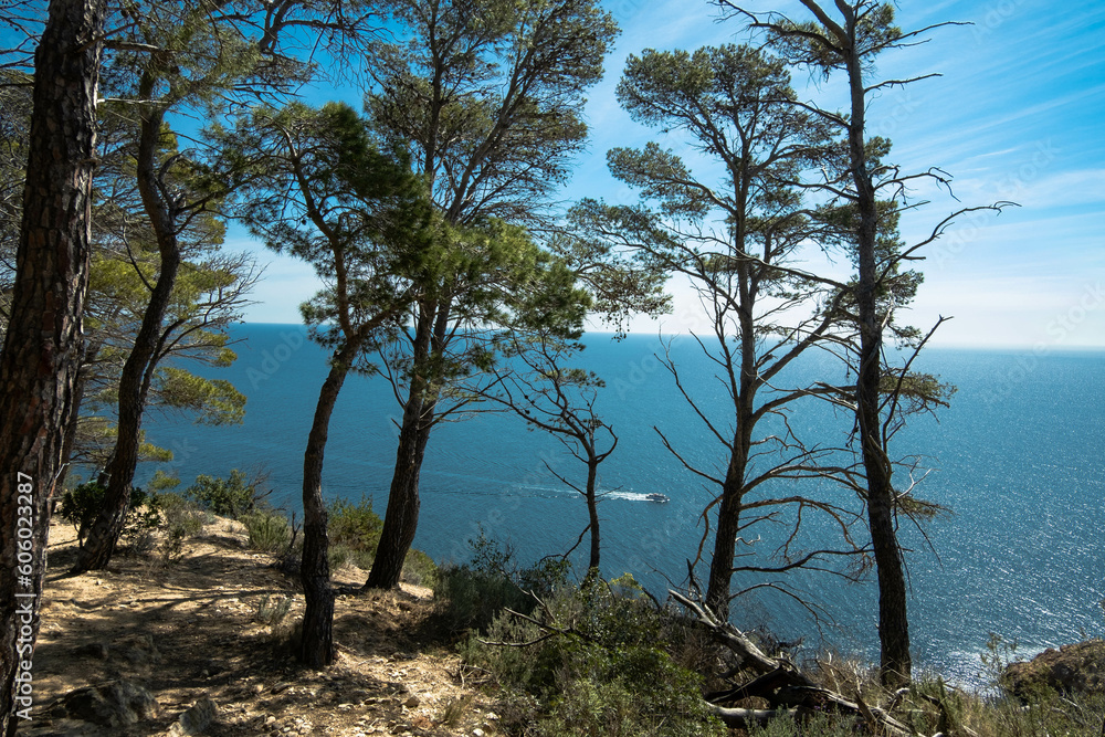 Paisajes cautivadores de Cataluña: mar tranquilo y montañas costeras dramáticas