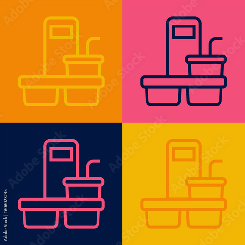 Pop art line Coffee cup to go icon isolated on color background. Vector