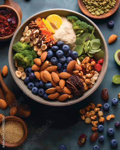 Close up of a bowl of healthy Fruits and nuts created with Generativ Ai technology