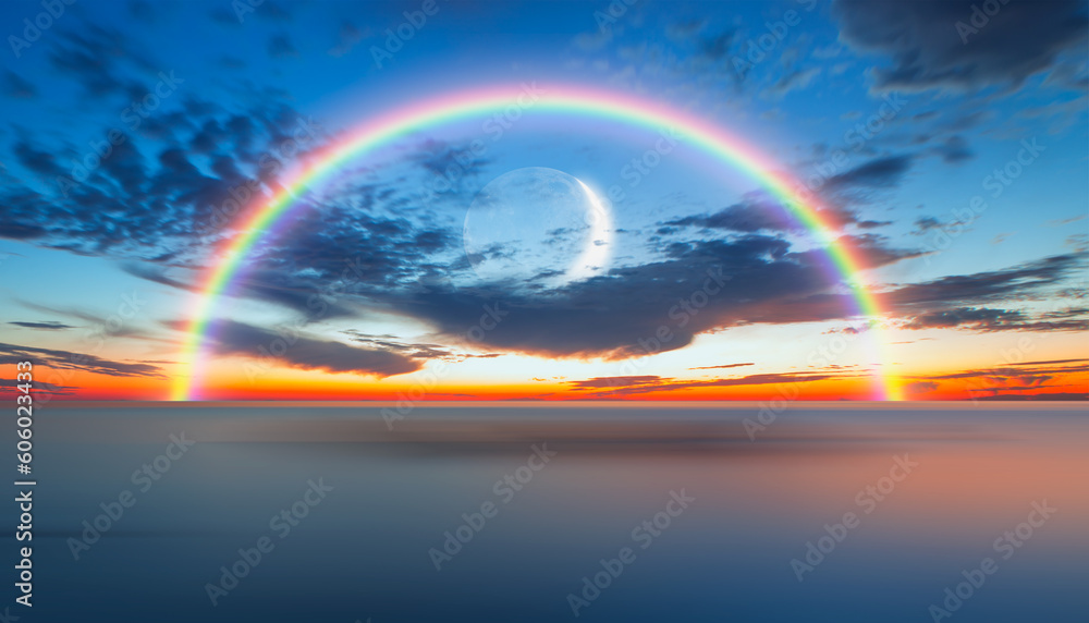 Abstract background of amazing crescent moon over the sea with rainbow at sunset