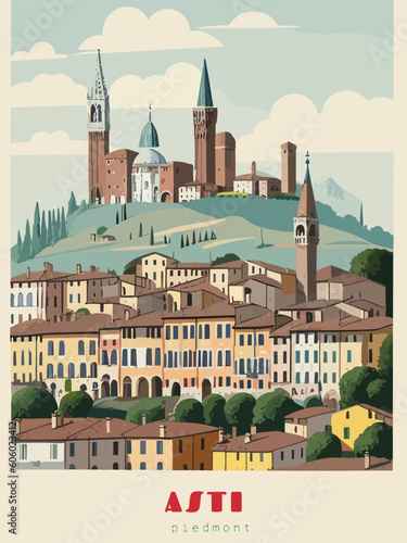 Foto Asti: Beautiful vintage-styled poster of with a city and the name Asti in Piedmo
