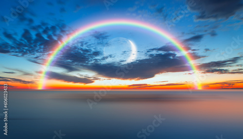 Abstract background of amazing crescent moon over the sea with rainbow at sunset © muratart