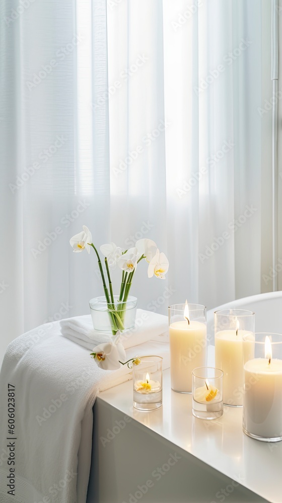 relaxing spa ambience with candles, flowers and towels. Generative ai