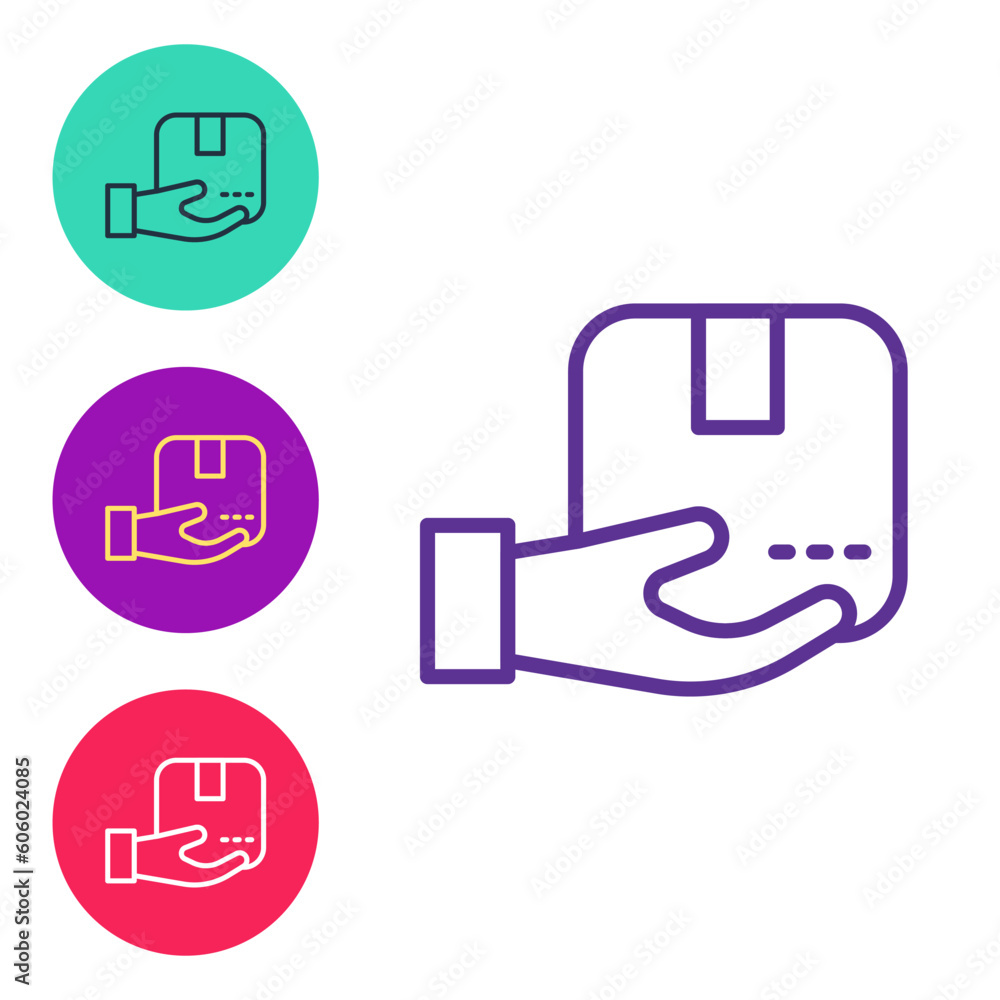 Set line Delivery hand with cardboard boxes icon isolated on white background. Door to door delivery by courier. Set icons colorful. Vector Set line Delivery hand with cardboard boxes icon isolated on white background. Door to door delivery by courier. Set icons colorful. Vector