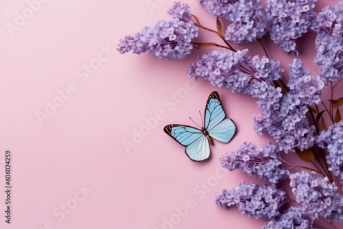 Flowers composition. flowers and eucalyptus leaves and butterfly on pastel purple background. AI generative © SANGHYUN