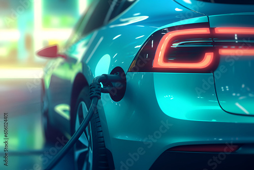 blue Close up charging one electric car model future eco technology concept banner space for text copy space generative ai