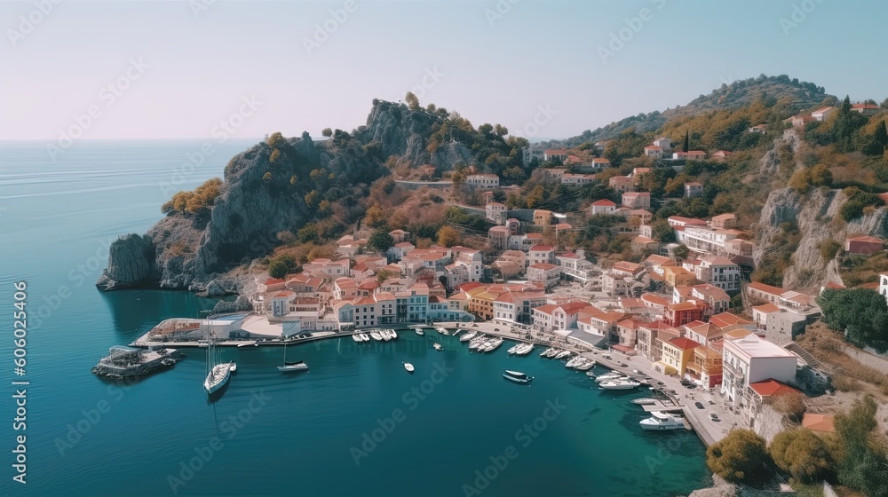 The enchanting aerial view reveals a picturesque coastal town in Greece, nestled between turquoise waters and rolling hills, with charming whitewashed buildings. Generated by AI.