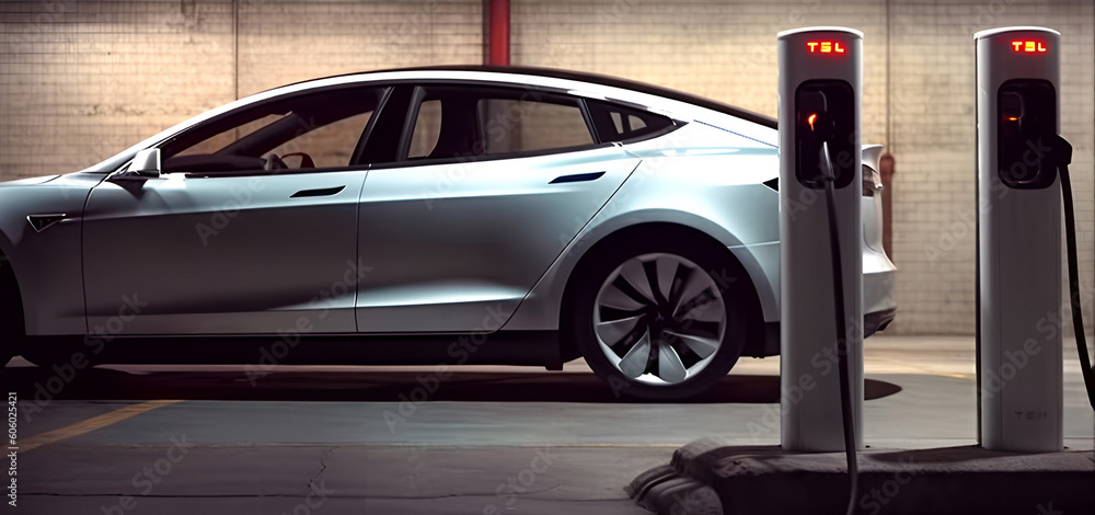 Close up charging one electric car model future eco technology concept banner space for text copy space generative ai Close up charging one electric car model future eco technology concept banner space for text copy space generative ai
