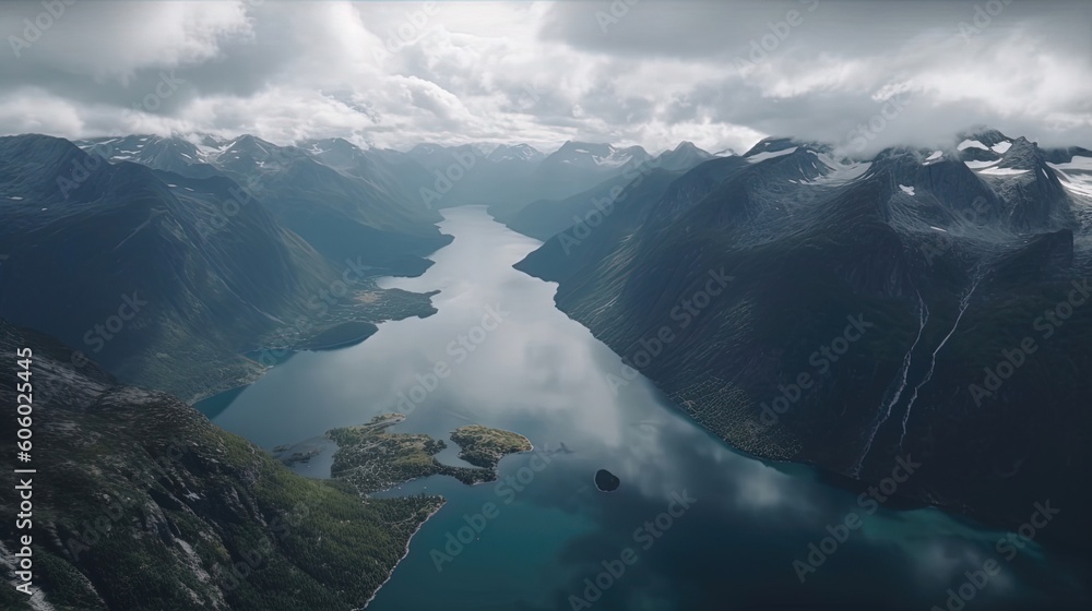 The breathtaking aerial view unveils the majestic Norwegian fjords, where deep blue waters wind their way through towering cliffs and snow-capped peaks. Generated by AI.