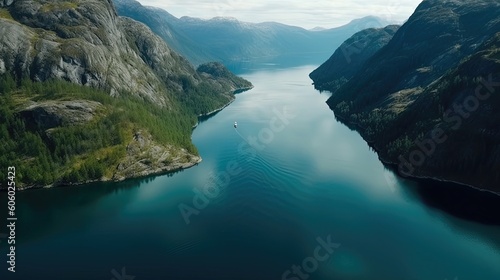 The breathtaking aerial perspective reveals the grandeur of a stunning fjord in Norway. Generated by AI.