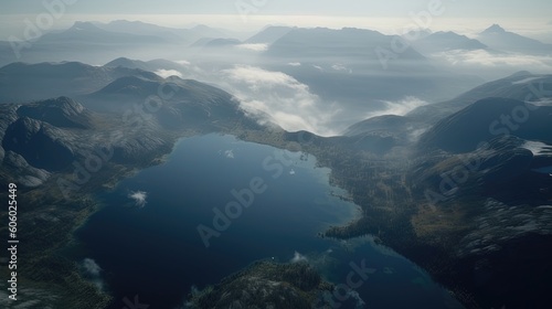 Behold the captivating aerial view of the Norwegian fjords, where the tranquil waters reflect the towering peaks and mirror the serene beauty. Generated by AI.