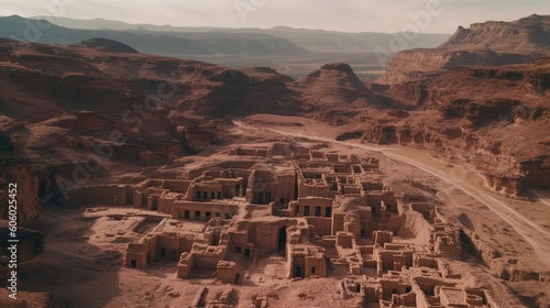 The breathtaking aerial perspective showcases the grandeur of the Petra ruins in Jordan, with its extensive network of ancient structures. Generated by AI.