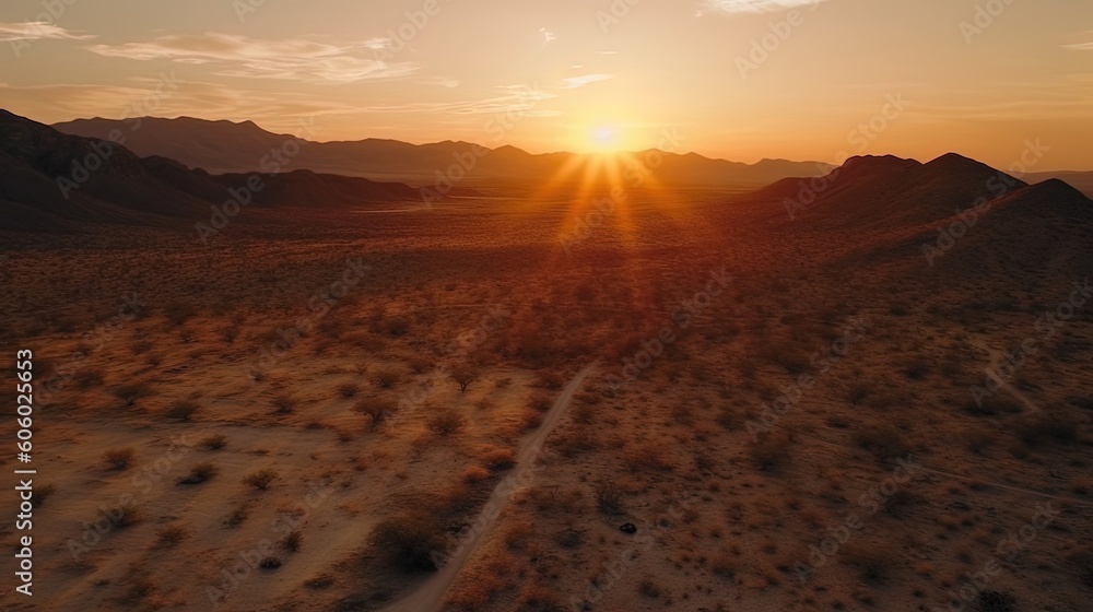 Immerse yourself in the magical allure of a desert sunset as captured by mesmerizing drone footage. The sun paints the sky in a stunning array of warm hues. Generated by AI. Immerse yourself in the magical allure of a desert sunset as captured by mesmerizing drone footage. The sun paints the sky in a stunning array of warm hues. Generated by AI.