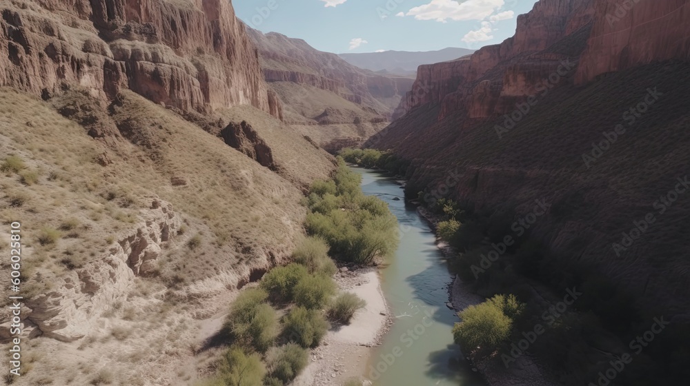 Dive into the breathtaking panorama of a winding river meandering through a spectacular canyon, showcased in mesmerizing drone footage. Generated by AI.