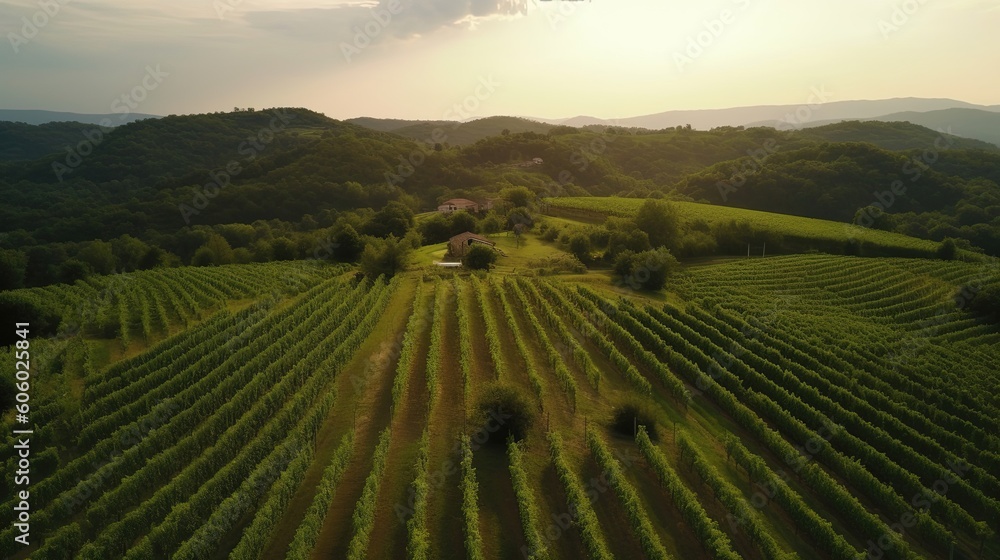 Immerse yourself in the enchanting beauty of a vineyard in Tuscany, Italy, captured through breathtaking drone footage. Generated by AI.