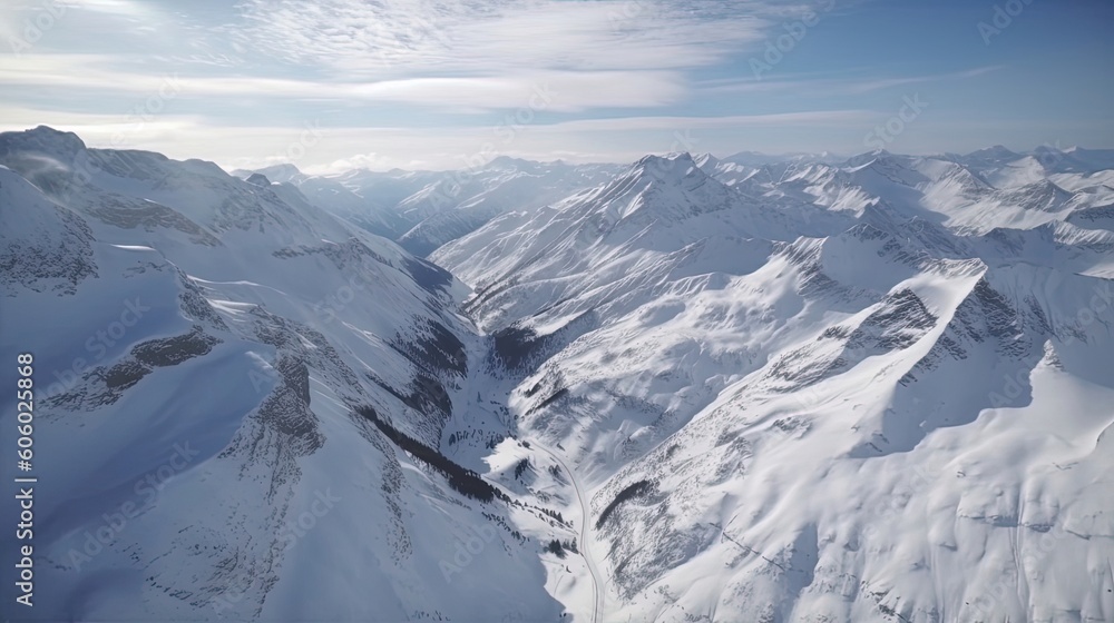 Immerse yourself in the captivating charm of the Swiss Alps draped in a magical cloak of snow, captured through stunning drone footage. Generated by AI.