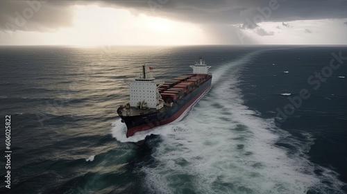 Experience the intensity of a storm at sea as drone footage captures a cargo ship bravely sailing through tumultuous waves and dark skies. Generated by AI. © Anastasia