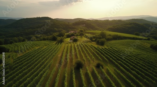 Immerse yourself in the enchanting beauty of a vineyard in Tuscany, Italy, captured through breathtaking drone footage. Generated by AI.