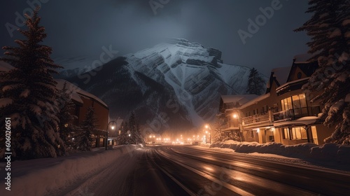 Enter a world of enchantment as you step into the winter wonderland of Banff, Canada. Snow-capped peaks, frozen waterfalls. Generated by AI.