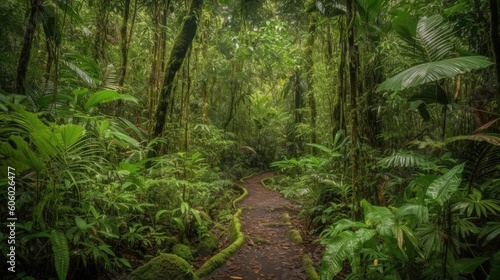 Journey into the heart of Costa Rica s rainforest on a mesmerizing walk  where a tapestry of lush greenery  towering trees. Generated by AI.