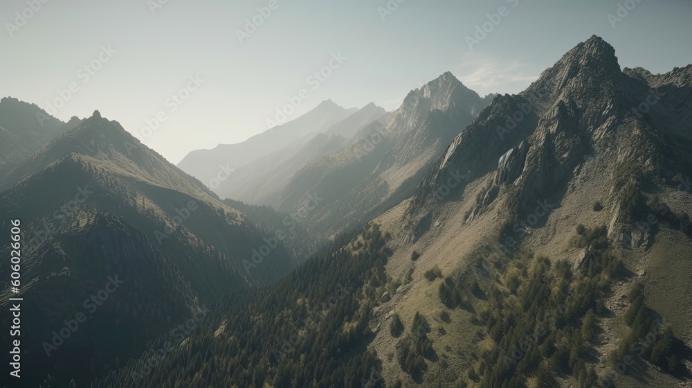 The aerial footage unveils a serene mountain landscape, showcasing rolling hills, dense forests. Generated by AI.