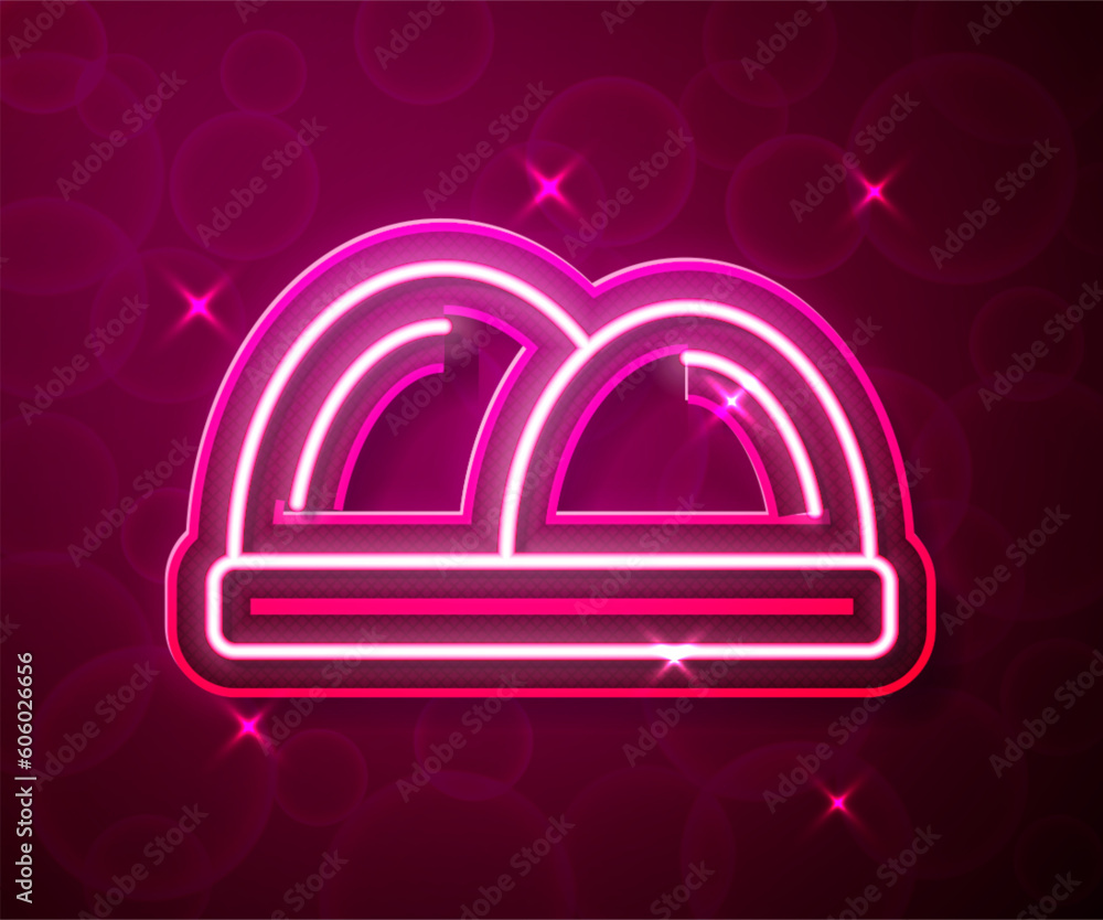 Glowing neon line Sushi icon isolated on red background. Traditional Japanese food. Vector Glowing neon line Sushi icon isolated on red background. Traditional Japanese food. Vector