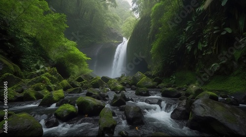 Immerse yourself in the enchantment of a rainforest waterfall, as the water gracefully descends from rocky cliffs, creating a misty spectacle amidst the verdant canopy of trees. Generated by AI.