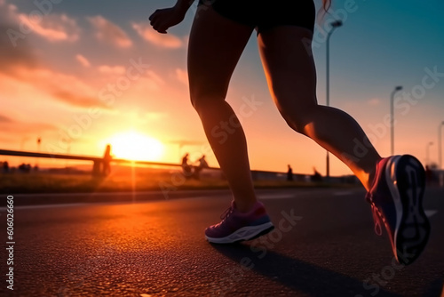 blurry of athlete woman runner stretching leg preparing at sunset. AI generative