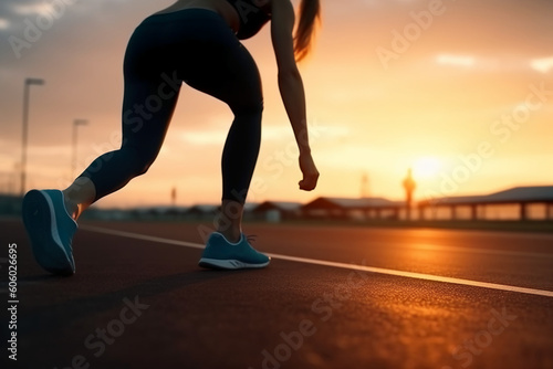 blurry of athlete woman runner stretching leg preparing at sunset. AI generative