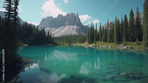 Immerse yourself in the tranquility of a picturesque mountain lake in the Canadian Rockies. Generated by AI.