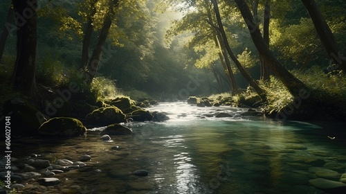 Journey through a pristine forest with captivating 8K footage of a meandering river  as it winds its way through the dense foliage and moss-covered rocks. Generated by AI.