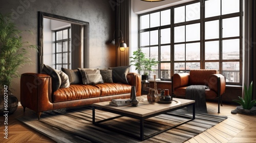 living room interior close up with Brown soft leather luxurious sofa couch, ai generative © nataliya_ua