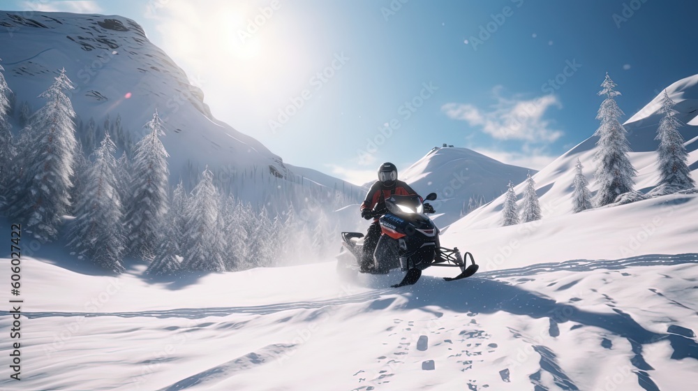 Get ready for an exhilarating snowmobiling adventure as you zip across frozen lakes, navigate through winding snow-covered valleys, and conquer challenging slopes. Generated by AI.