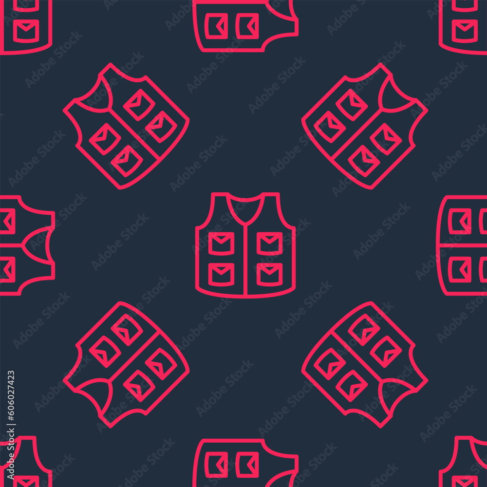 Red line Fishing jacket icon isolated seamless pattern on black background. Fishing vest. Vector