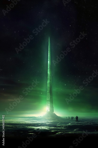 Quantum electronic obelisk on a distant moon glowing green earily. AI generative photo