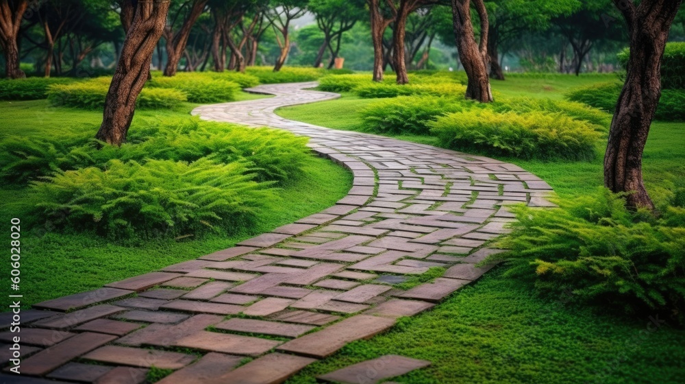 Landscaping of the garden. path curving through Lawn with green grass and walkway tiles.,path in the garden.Ai generative Landscaping of the garden. path curving through Lawn with green grass and walkway tiles.,path in the garden.Ai generative