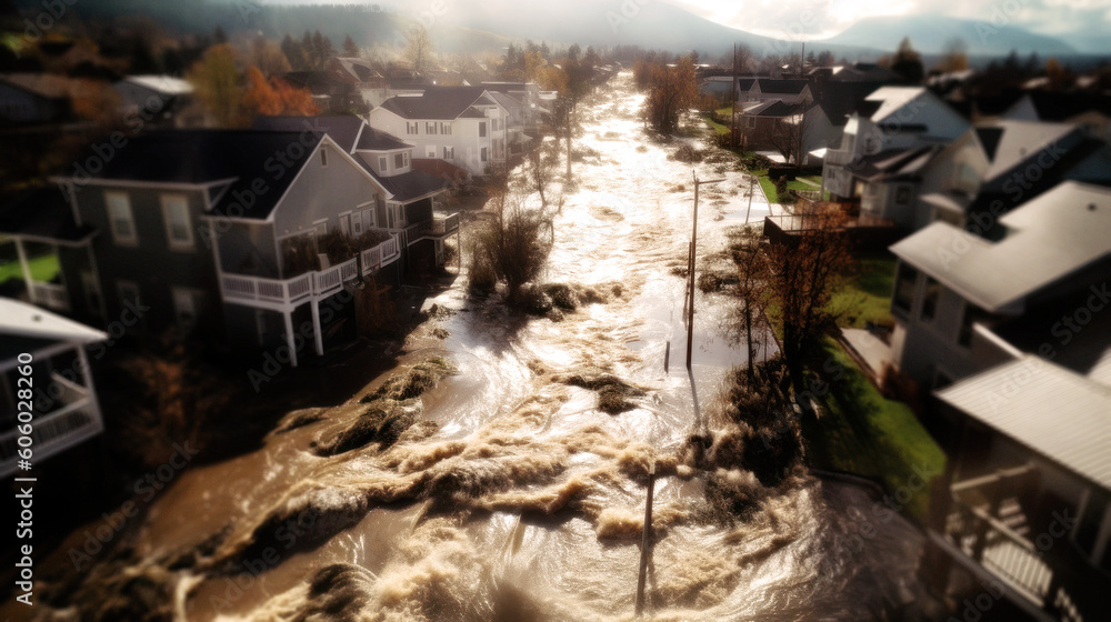 A once tranquil neighborhood stands in the face of a violent flood. As water surges, homes crumble, leaving only wreckage in its wake. It's a harsh reminder of climate change. Generative AI