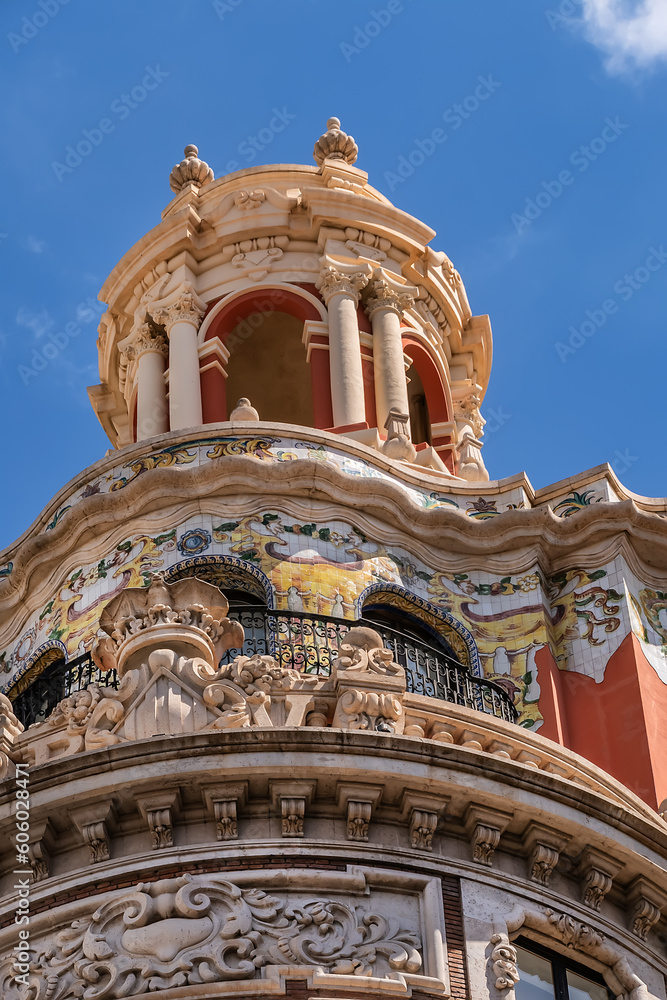 Architectural fragment of Historic building of Bank of Valencia. VALENCIA, SPAIN. Architectural fragment of Historic building of Bank of Valencia. VALENCIA, SPAIN.