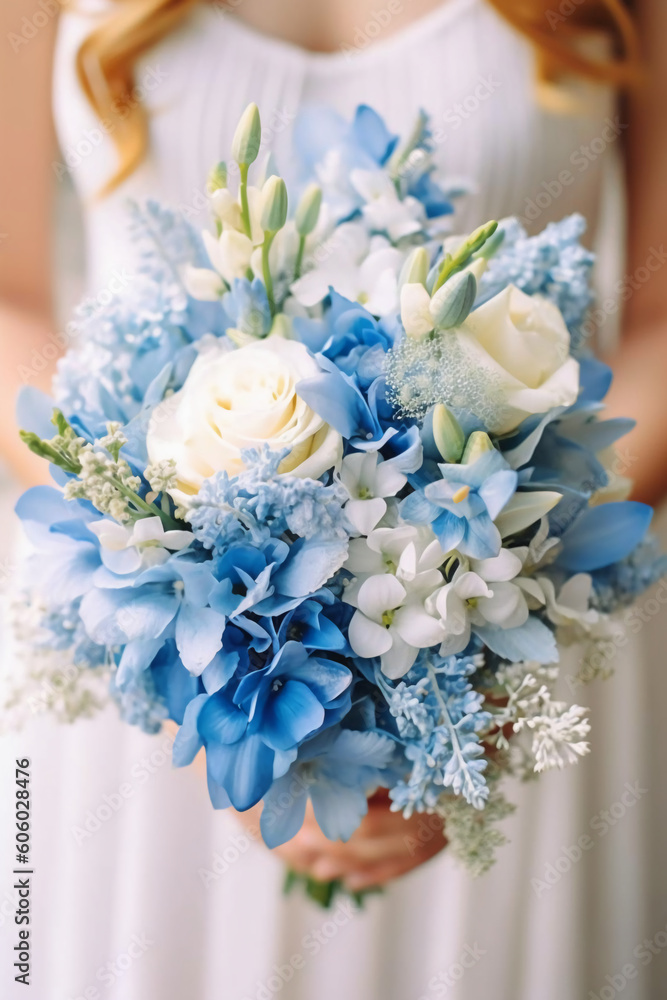 Real flowers for wedding in shades of blue and white bride holding it in her hands. AI generative Real flowers for wedding in shades of blue and white bride holding it in her hands. AI generative